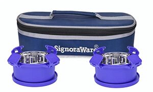 Signora Ware 350Ml+350Ml Smart Microwave Safe Twin Midday Stainless Steel Lunch Box with Bag, Food Grade BPA Free Conatiners, Air Tight and Sleek Leak-Proof Lid Tiffin Boxes (Set 2 Violet)