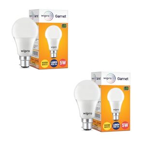 wipro Garnet 5W LED Bulb for Home & Office |Warm White (2700K) | B22 Base|220 Degree Light Coverage |4Kv Surge Protection |400V High Voltage Protection |Energy Efficient | Pack of 2