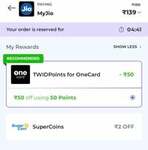 Onecard 50rs discount on 189 rs jio recharge 