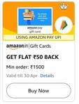 Amazon: Get Flat ₹50 back on min ₹1500 Amazon Pay Shopping eGift Card (User Specific)