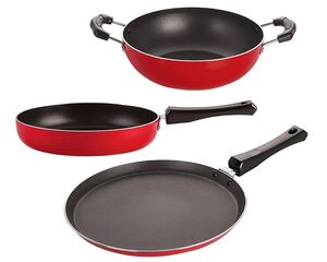 Nirlon Non Stick Coating AluminumGas & stovetops Friendly 3 Piece Cookware Set with Bakelite Handle(Flat Tawa 12-27cm|Fry Pan 11-22cm - 1.5 LTR|Kadhai 12-22cm - 1.8 LTR)
