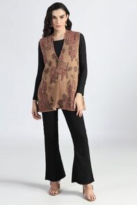 JACQUARD FLORAL PLUSH SLEEVELESS CARDIGAN