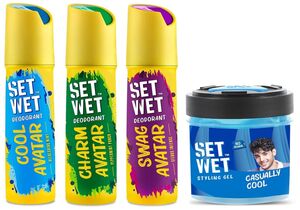 Set Wet Deodorant Spray Perfume, 150ml (Cool, Charm and Swag Avatar Pack of 3) and Cool Hold Strength Hair Gel, 250ml for Men