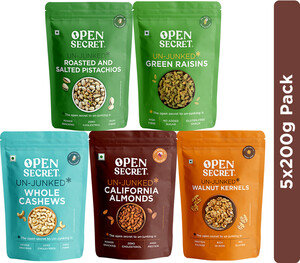 OPEN SECRET Dry Fruit Combo Badam Almonds Cashews Akhrot Walnuts Pista Kishmish Raisins Assorted Nuts (5 x 200 g)