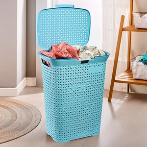 Kuber Industries 70 Ltrs Plastic Large Laundry Basket for Clothes with Lid | Multipurpose Storage Organiser for Home, Bedroom and Bathroom | Aero Blue