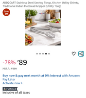 ADD2CART Stainless Steel Serving Tongs, Kitchen Utility Chimta, Traditional Indian Flatbread Gripper (Utility Tong)