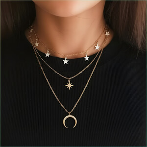 Zaphariq Three Layered Moon Studded Star Necklace Gold-plated Plated Alloy Layered