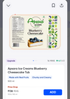 Instamart | Search Apsara Icecream | heck out Apsara Ice Creams Blueberry Cheesecake Tub | PRICE DROP 
