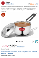 Amazon | Lifelong Stainless Steel Heavy Bottom Saucepan with Glass Lid | 18cm, 2.25 L | Induction & Gas Stove Compatible