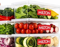 MILTON Cryo Fridge Storage Boxes Set of 6 Fridge Organizer Container with Waterproof Vinyl Stickers & Removable Drain Plate, Lid, Stackable Box, Plastic Containers 1500 ml, Transparent