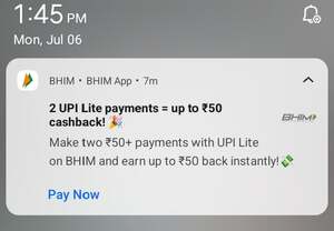BHIM UPI Lite Offer: Make 2 Payments of ₹50+ & Get Up to ₹50 Cashback Instantly - 6th July ( User specific)