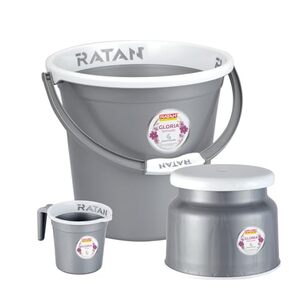 [MRP Error] RATAN Plasticware 3-Piece Bathroom Set (18L Bucket + Stool + 1L Mug) - NIR Silver