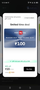 CRED Gift Card : MakeMyTrip Rail & Bus Promo Gift Cards at 80% OFF