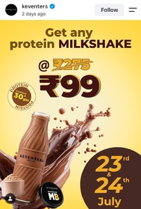 Keventers: Any High Protein Milkshake @ ₹99 (MRP ₹275) | 23 & 24 July 
