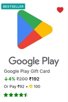 Flipkart- ₹200 Google Play Gift card at ₹92