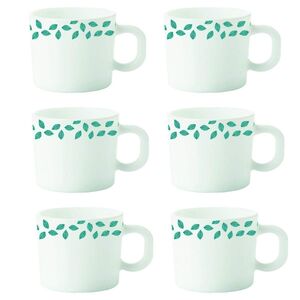 Borosil Larah Blue Leaves Opalware Cup Set (White, 100 Ml) - 6-Pieces 