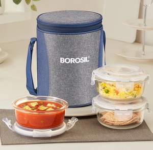 BOROSIL Alora Borosilicate Glass Lunchbox, 3 pc Round Set (400 ml Each), Office Tiffin 3 Containers Glass Office Lunch Box on Flipkart