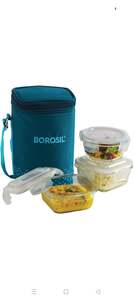 Borosil Teal Bag, 3 Pc (320 ml x 2 + 240ml x 1 ), Office Tiifin 3 Containers Glass Office Lunch Box 