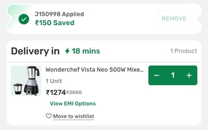 Bigbasket - Wonderchef Vista Neo Mixer grinder at Rs.1131