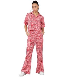 SEREIN FashFun Clothing Women's Slim Fit Co-ord Set (Red Animal Printed Crepe Crop Shirt & Elasticated Waist Pant Set) 