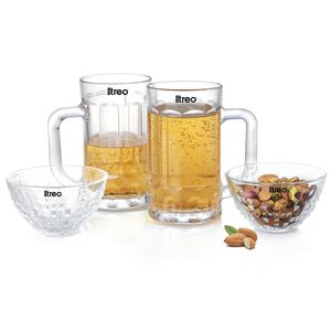 Treo By Milton Roarr 4pcs Serving Set | 2 Premium Beer Mugs 405 ml Each & 2 Stylish Tetris Bowls 170 ml Each | Quality Glass | Ideal for Beverages, Snacks & Festive Gifting 