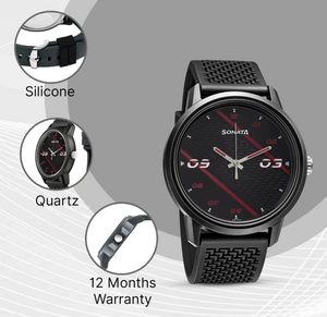 Sonata Volt Black Dial Black Polyurethane Strap Analog Watch