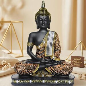 Global Grabbers new Limited Edition 25 Centimetre Meditating Sitting Buddha Idol Statue showpiece Home Decor Decoration Items for Living Room and Gifts (1, Orange Black)