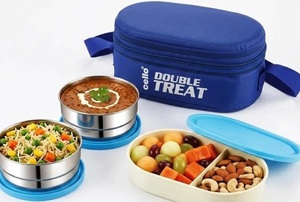 CELLO Double Treat Set of 3 Pcs Lunch Box for Office Use with Jacket Blue | 2 x 300ml Stainless Steel Containers, 1 x Oval Container |Lightweight Leakproof Airtight Tiffin Box Case For School & Travel
