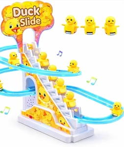 TEC TAVAKKAL Duck Slide Toy Set, Funny Automatic Stair-Climbing Ducklings Cartoon Race Track Set Duck Roller Coaster Escalator Toy with Flashing Lights & Music (Duck Slide Track Set)