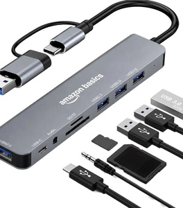 Amazon Basics 8-in-1 USB Hub with Dual Plug (USB-A & USB-C), USB 3.0, 3 x USB 2.0, USB-C 2.1, SD/TF Card Reader & 3.5mm Audio Jack, Up to 5 Gbps Speed, 18 cm Cable (Grey)
