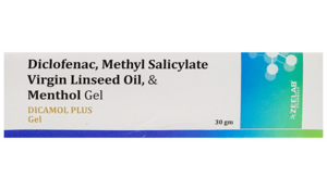 Dicamol Plus Gel For Body Pain Relief Diclofenac diethylamine (11.6mg)+ Methyl Salicylate (100mg)+ Oleum Lini (30mg)+ Menthol (50mg)
