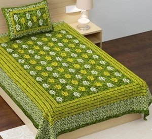 RajasthaniKart® Pure 100% Cotton Single Bed Sheet with 1 Pillow Cover (Bedsheet for Single Bed Cotton, Green Small Booty