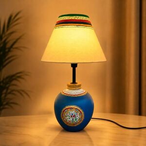 Amazon Basics Warli Whispers Blue Table Lamp | Hand-Painted Blue Base with Cream Fabric Shade | E14 Holder | Decorative Night Lamp for Bedroom, Living Room & Study Room | Home Décor Gift