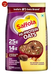 Saffola 1 Kg - ( 50% Coupon Apply ) High 25g Protein Oats | 14g Fibre | 1kg | No Refined Sugar | With Almonds, Raisin, Pumpkin and Chia Seeds | Rolled Oats for Weight management & Muscle gain | Chocolate flavour