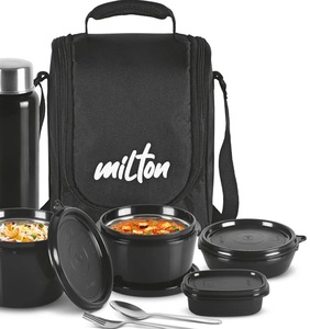 MILTON Pro Lunch Box with Steel Cutlery, 3 Microwave Safe Inner Steel Containers (180ml, 320ml, 450ml) Plastic Chutney Dabba 100ml, Bottle 750ml with Insulated Bag, Office Tiffin, Black