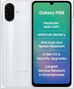 Samsung Galaxy M08 LTE (Silver, 4GB RAM, 64GB Storage), MediaTek Helio G99+ (6nm), 50MP Dual Camera, 6000mAh Battery, IP64 Rating, 6 Gen OS Upgrades