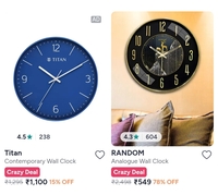 Upto 80% Off Wall clocks - Big Brand - Titan - Home Center - Ajanta - Olive Tree - Random