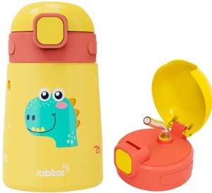 rabitat Milo Stainless Steel Water Bottle 350ml | 2 Year Brand Warranty | BPA Free | Leakproof Steel Sipper Bottle for Kids | Flip Lock Lid with Straw | Easy Carry Handle | Dino Dash