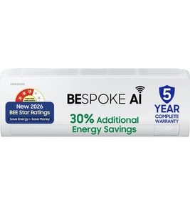 Samsung  Bespoke Al 2026 Model 1.5 ton 3 Star Split Inverter with Wi-fi Energy Saving, Voice Control, Powerful Cooling, Copper, 4 Way swing, 5 Step Convertible AC (AR50H19D1XHNNA, AR50H19D1XHXNA, White