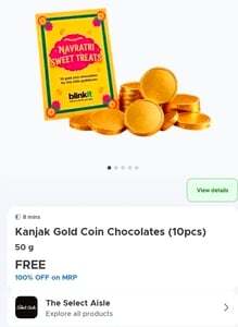 Blinkit | FREE Pack of 10 Chocolate Coins On Kanjak orders above ₹199