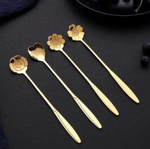 FIDEO Gold Flower Coffee Spoon Set of 4, Stainless Steel Dessert and Tea Spoons with Frosted Handles, Floral Mini Stirring Spoons for Coffee, Tea, Ice Cream and Cake