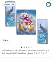 Indianara Set of 3 Ganesha with Peacocks MDF Art Painting (3880FL) without glass 4.5 X 12, 9 X 12,