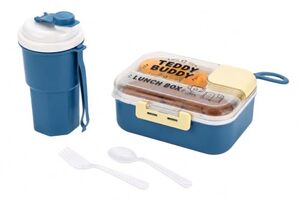 RANIC Teddy Buddy Lunch Box and Bottle Set | Kids & Adults Food Storage Container with Water Bottle | Leak-Proof, BPA-Free Lunch Kit for School, Office & Travel (Blue)