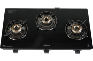 Havells GEOSLIM JUMBO Gas stove |3 Heavy Duty Forged Brass Burner|6 mm Toughened Glass|Premium Valves|Removable Drip Tray|Soft Touch Knobs|5 year Warranty on Burners, Glass & Valves by Havells (Black)