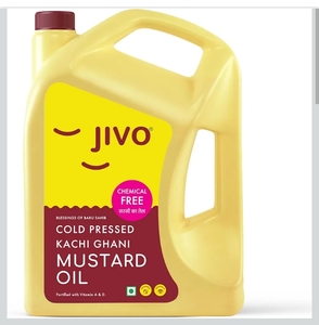 Jivo Cold Pressed Kachi Ghani Mustard Oil 5 Litre | High in Monounsaturated Fats (MUFA) | Vitamin A and D Fortified Oil | Cholesterol and Trans Fat Free | Ideal for Frying, Roasting, Tempering, and Pickling